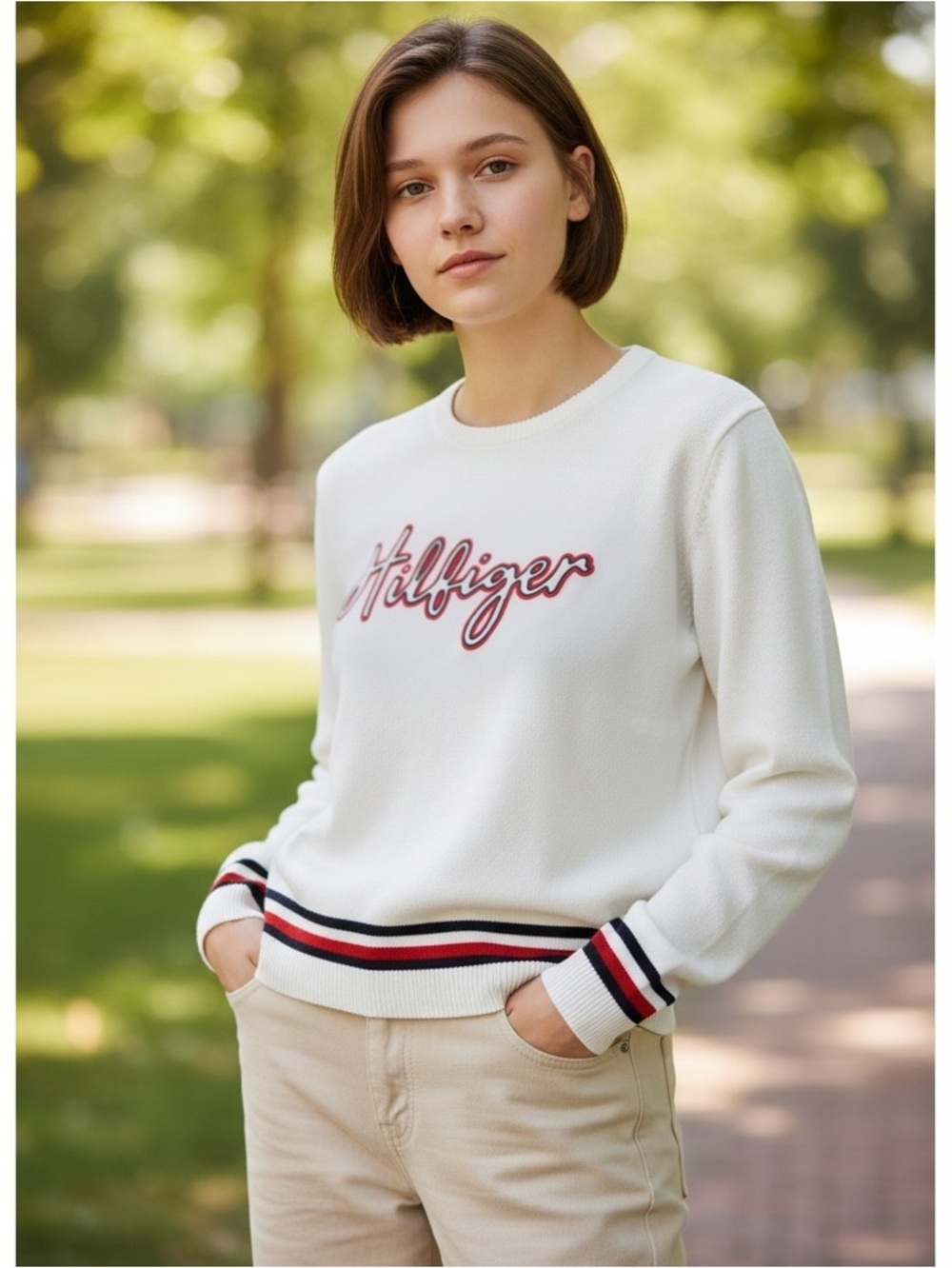 TOMMY HILFIGER sz X Small Sweater Lightweight Crew Neck Branded Cream Red